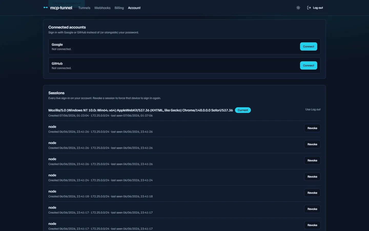 Connected accounts card listing Google and GitHub with Connect / Disconnect controls