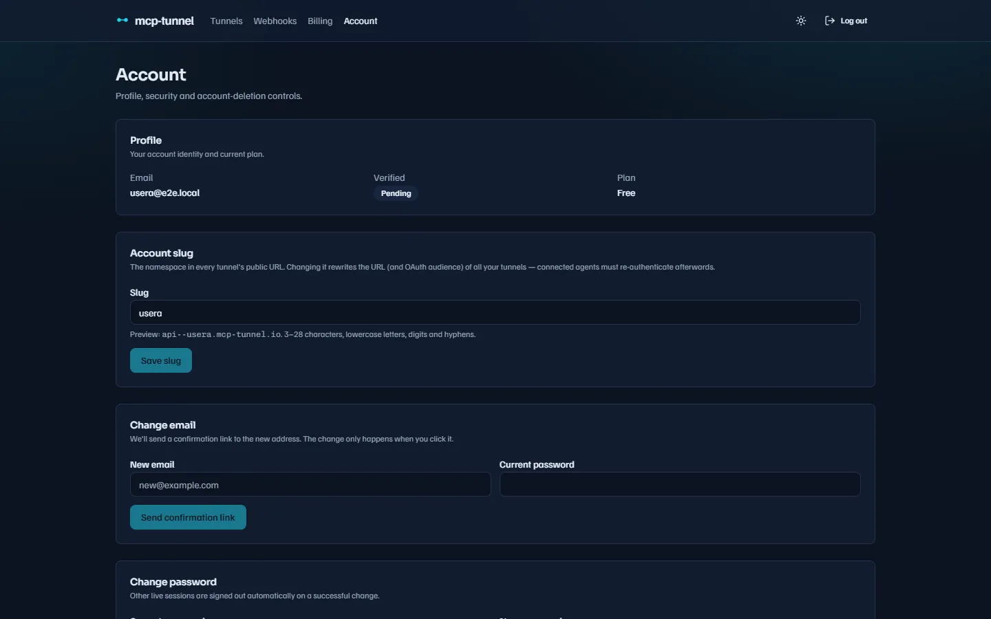 Account profile card showing email, a Verified/Pending badge, and the current plan