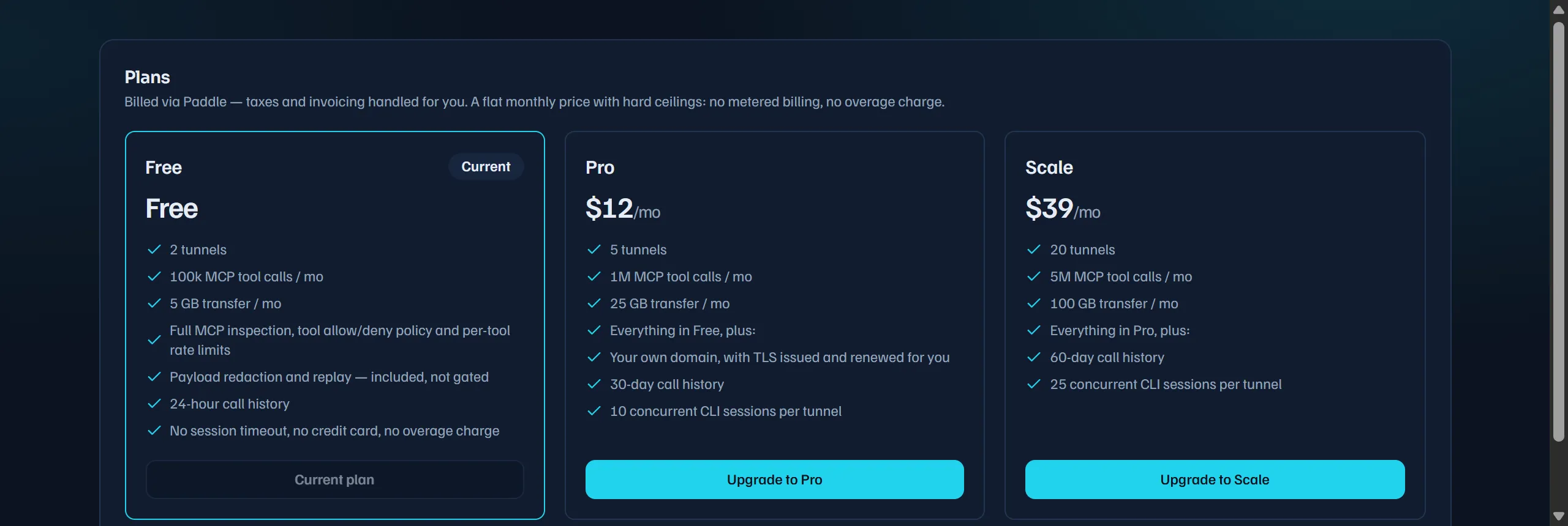 Billing page plan cards showing Free, Pro and Scale with prices and feature bullets