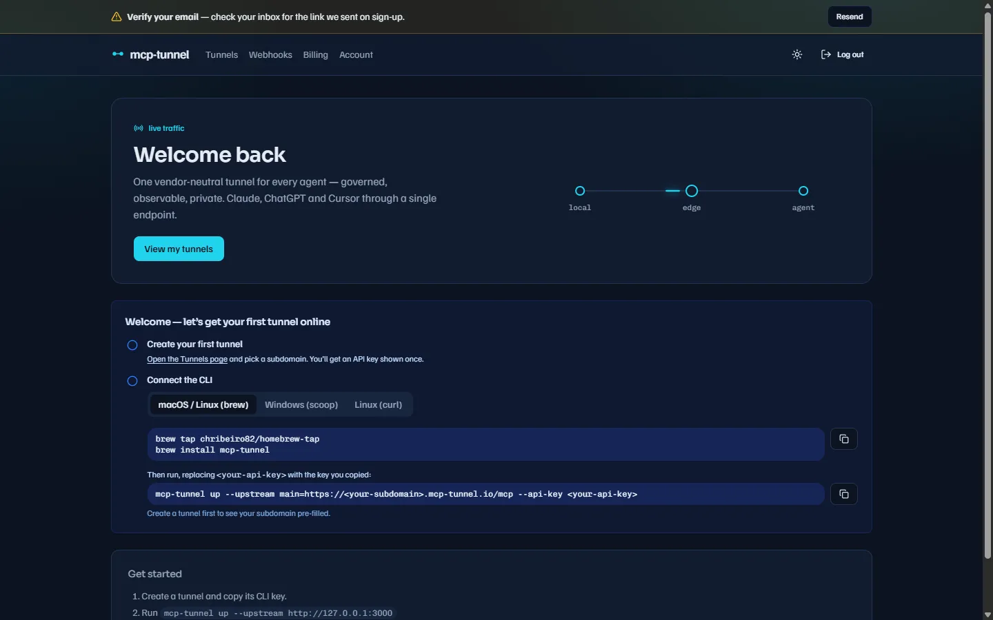 Dashboard home with the two-step onboarding checklist