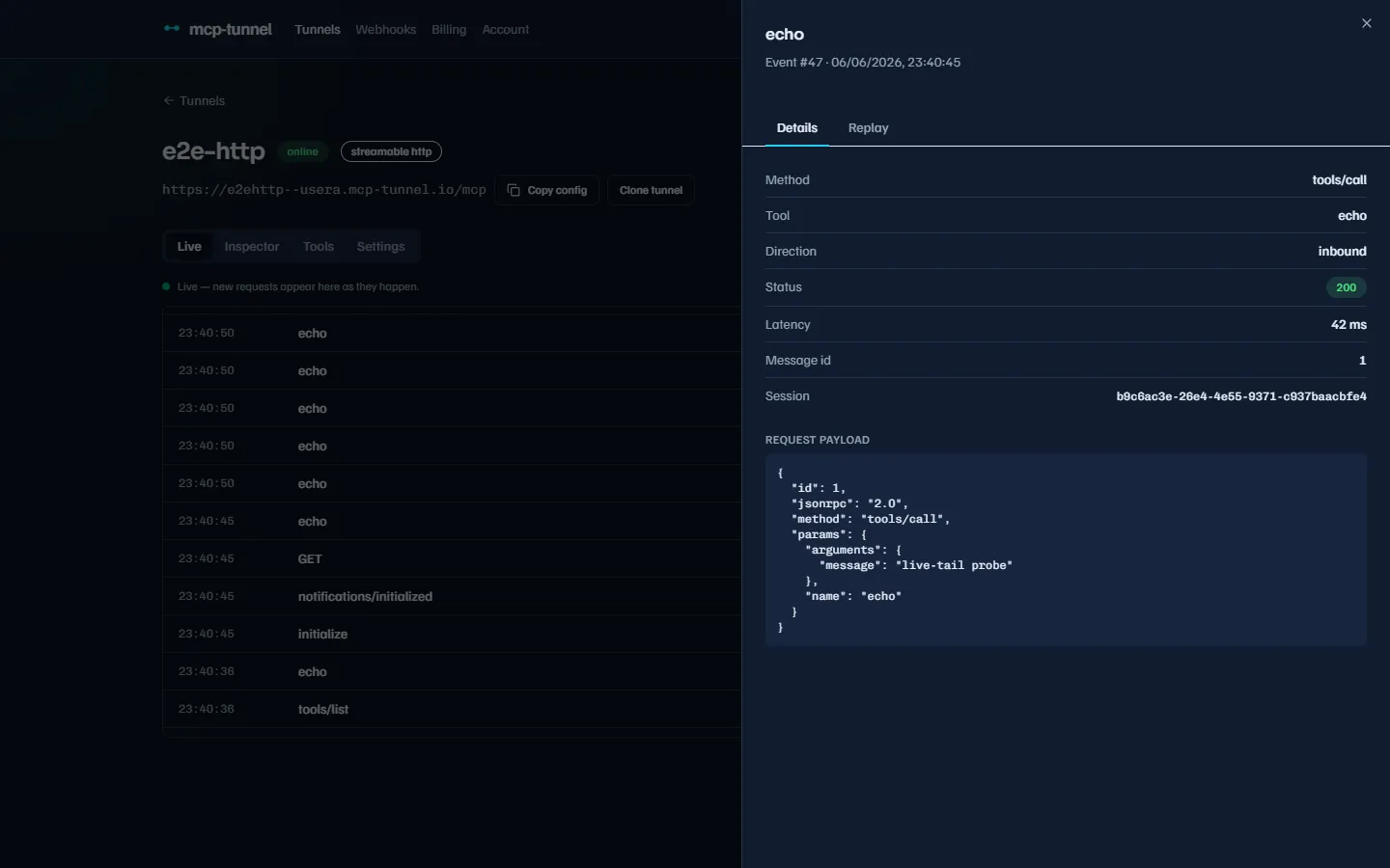 The event drawer showing request and response detail