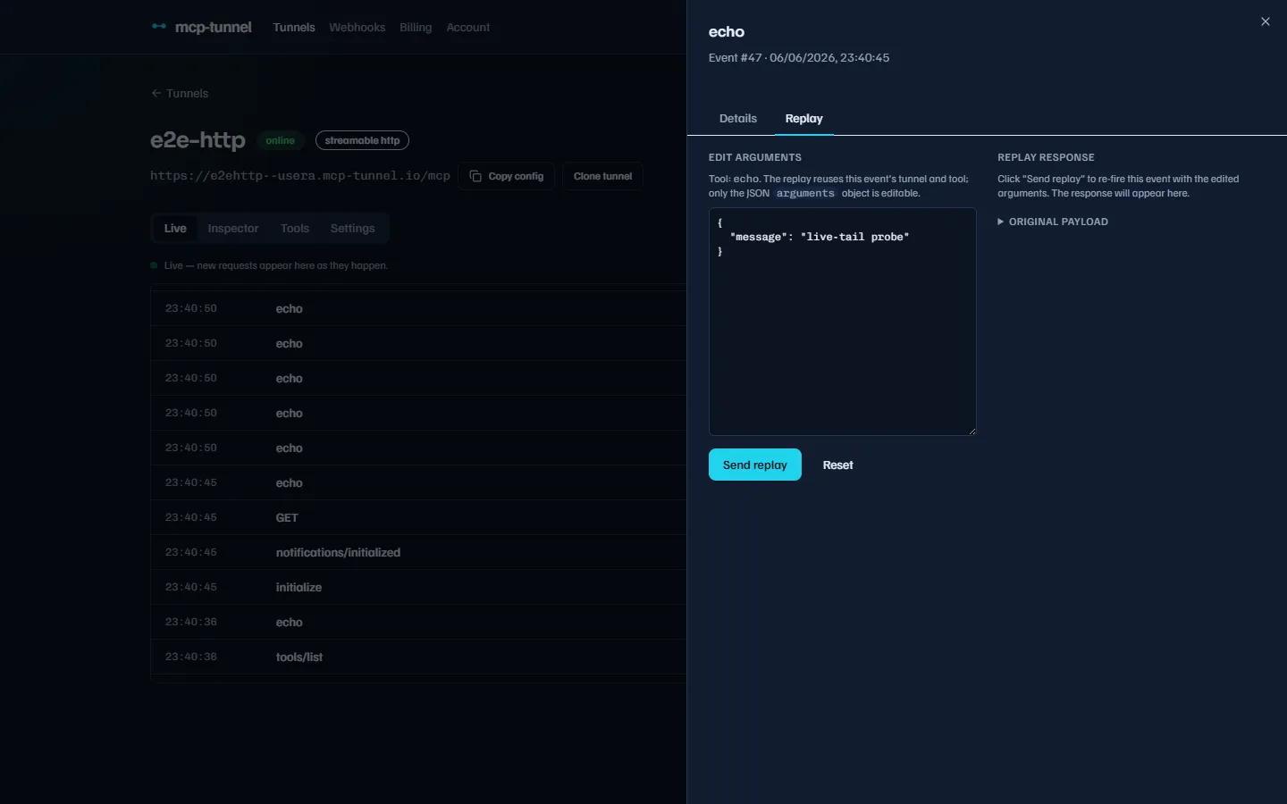 The Replay editor with an argument editor and the response side by side
