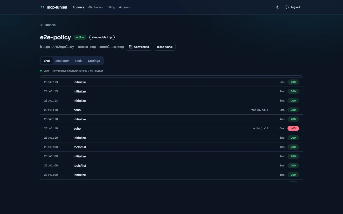 A blocked tool call surfaced in the live event stream
