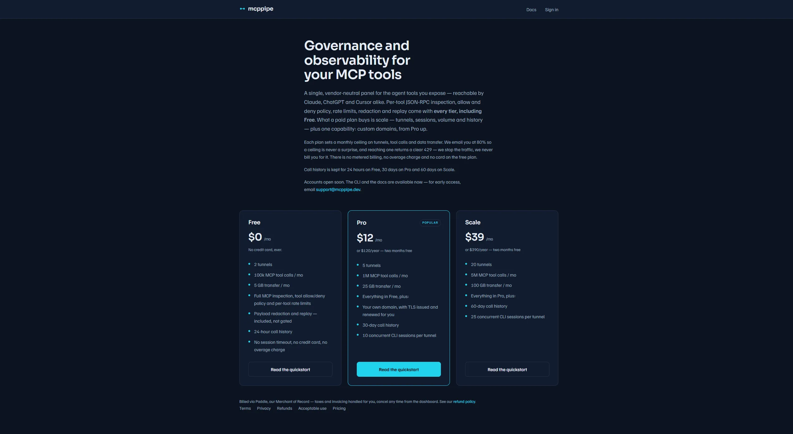 mcppipe public pricing page with monthly/annual toggle and three plan cards