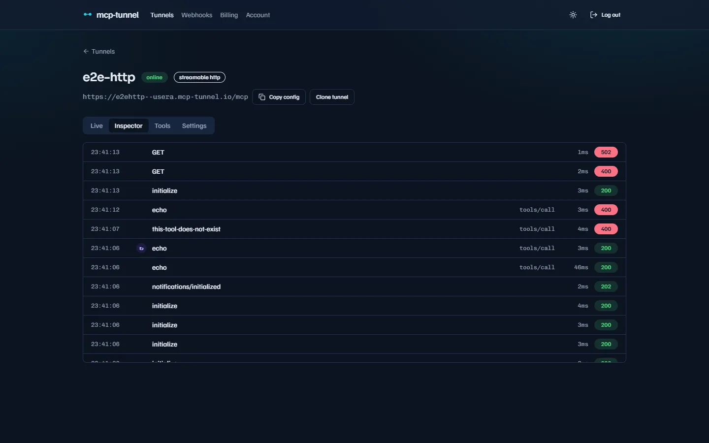 The Inspector tab listing recorded traffic with an upstream filter