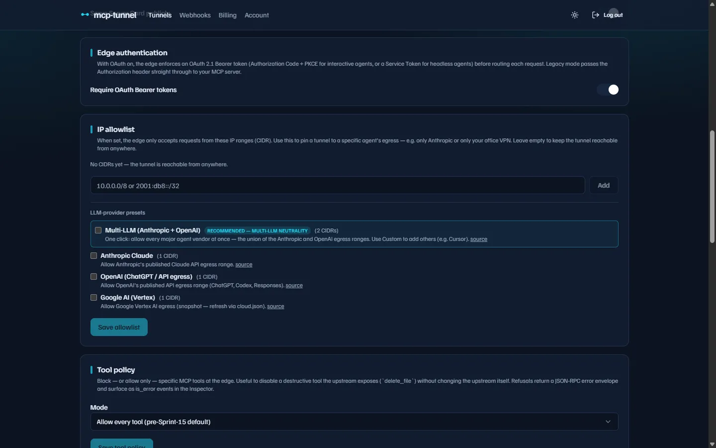 Edge authentication settings: the Require OAuth Bearer tokens toggle