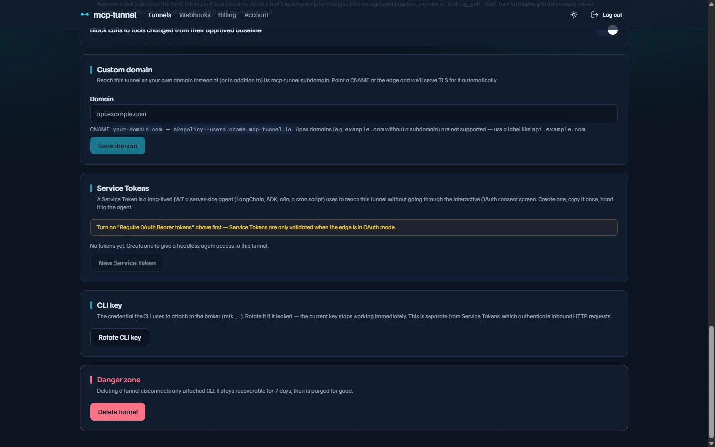 Custom domain settings: domain input, CNAME hint, TLS source and default-subdomain toggle