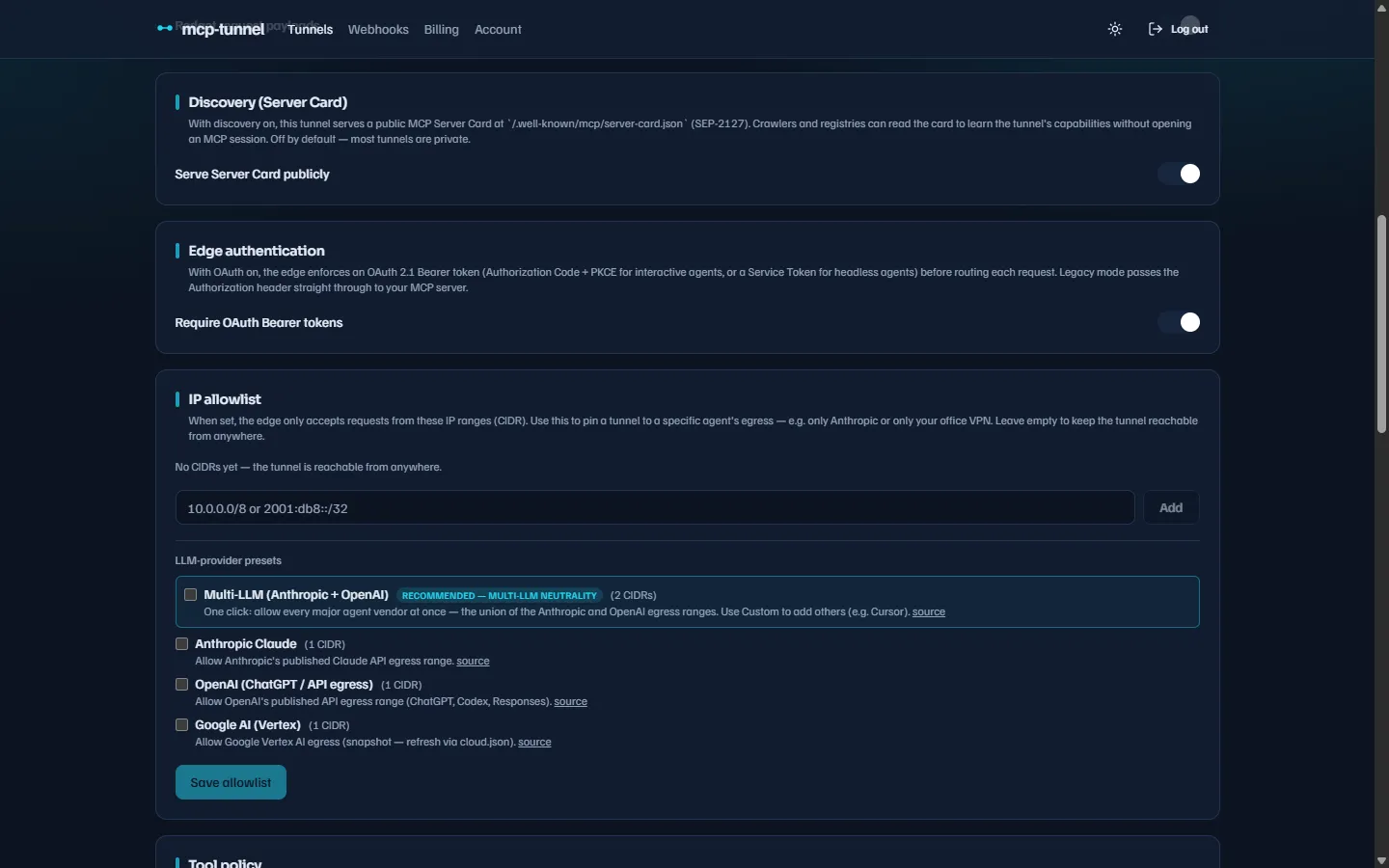 The Discovery (Server Card) section in tunnel Settings, with a toggle to serve the card publicly