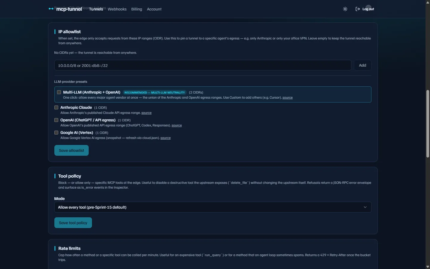 The IP allowlist editor in a tunnel's Settings tab