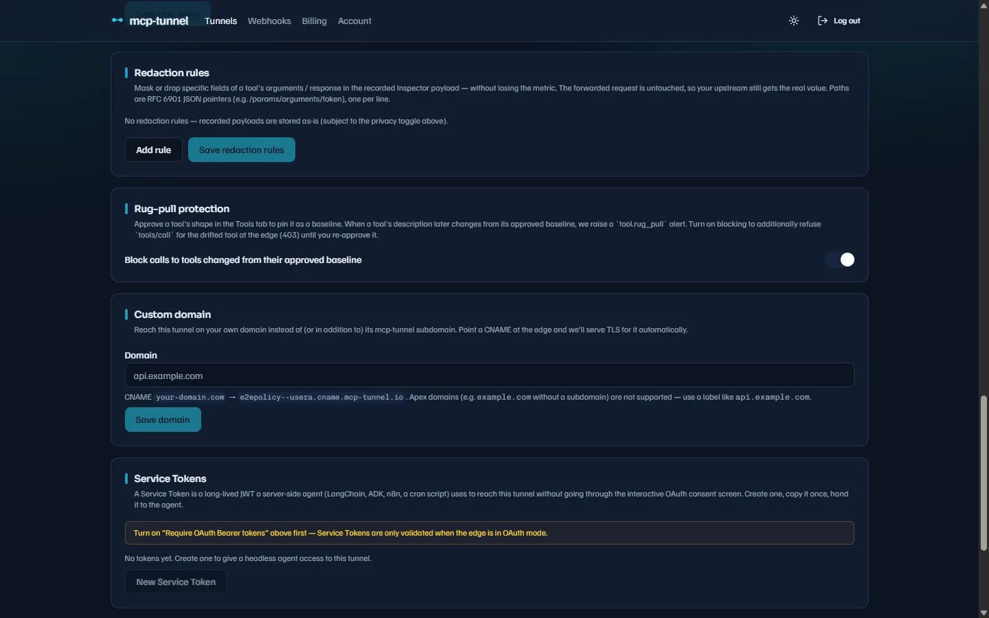 Field-level redaction rules editor in tunnel Settings
