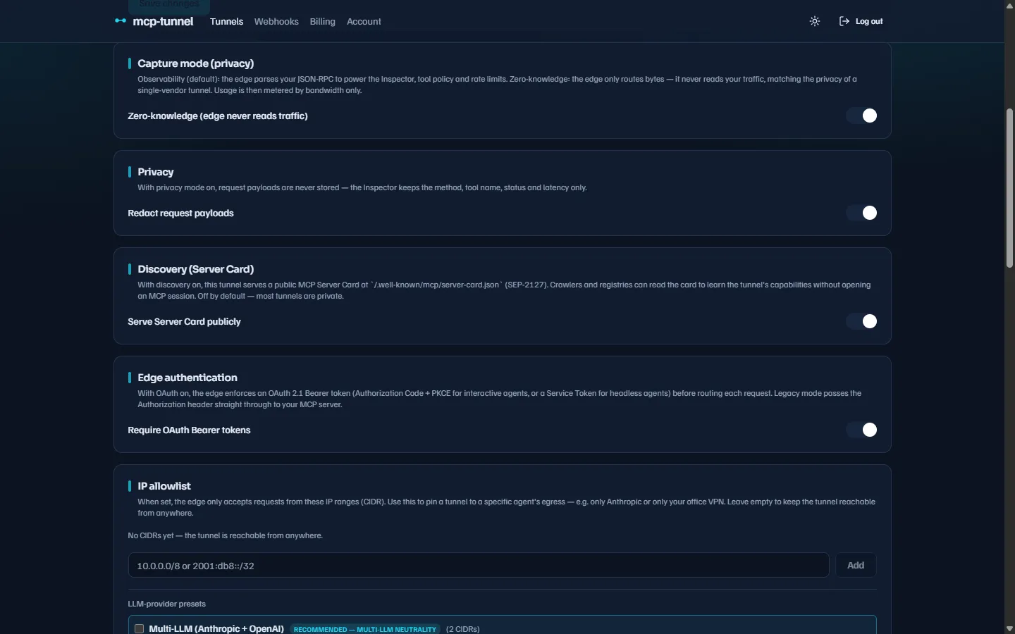 Capture mode section with the zero-knowledge toggle on