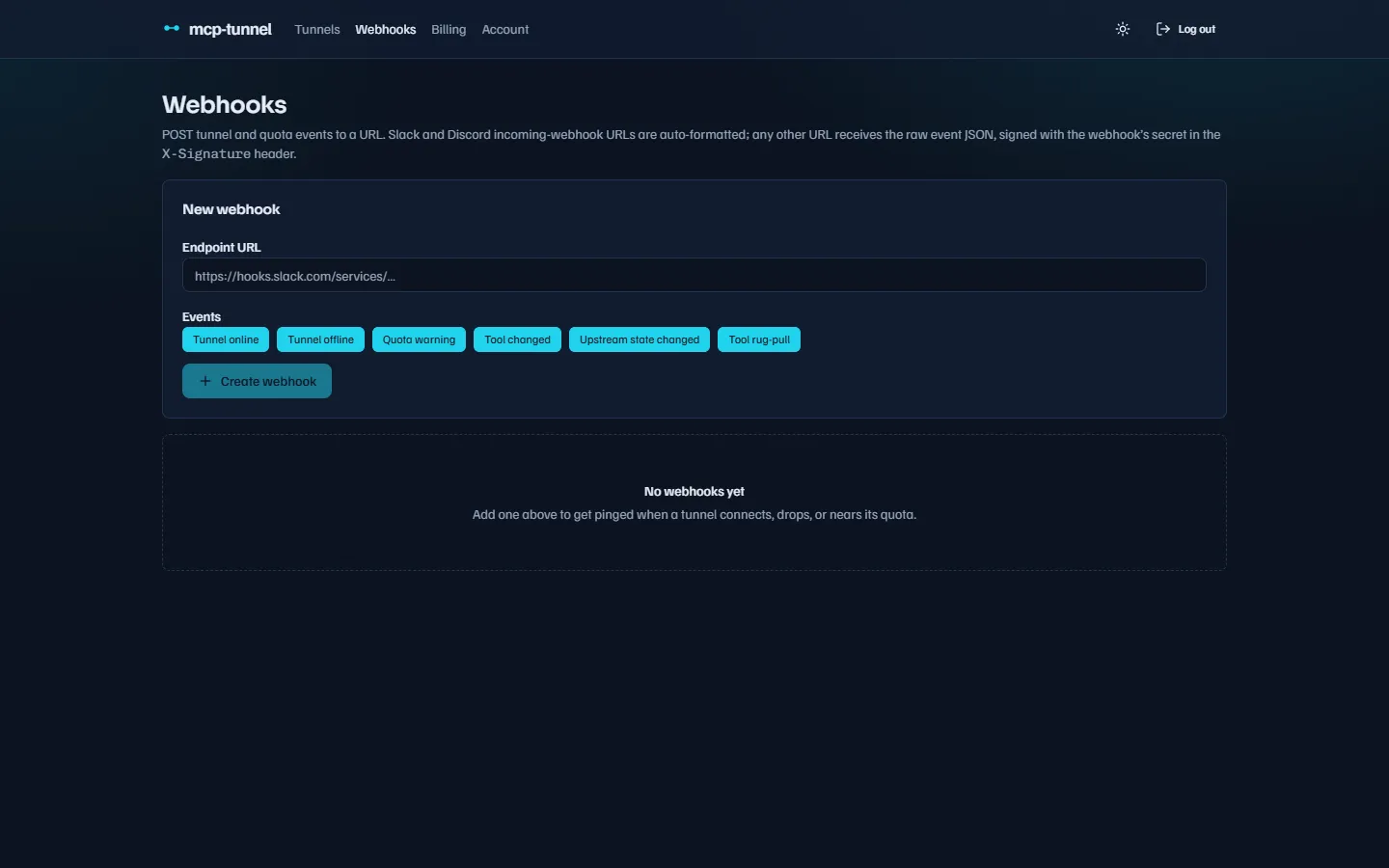 Creating a webhook: endpoint URL and event toggles